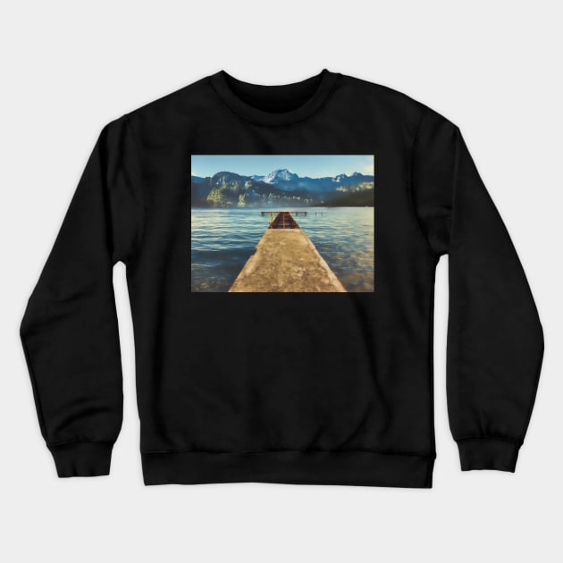 sea jetty and mountain view in winter Crewneck Sweatshirt by stuartchard